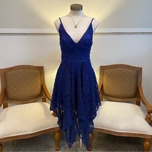 Elegant Blue Crochet Lace Dress with Asymmetrical Handkerchief Hem, Boho Fairy
